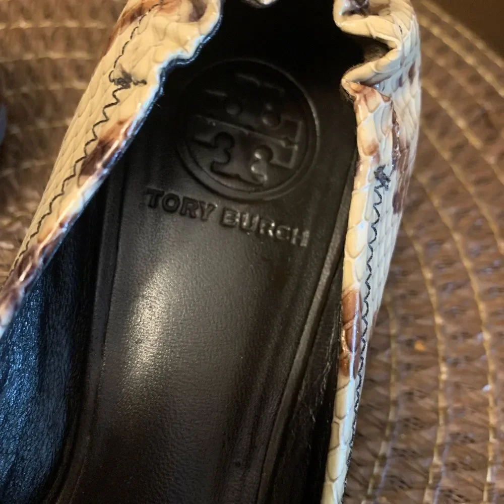 Tory Burch Minnie Travel Ballet Flat 7 M Snake Printed Leather Warm Roccia EUC